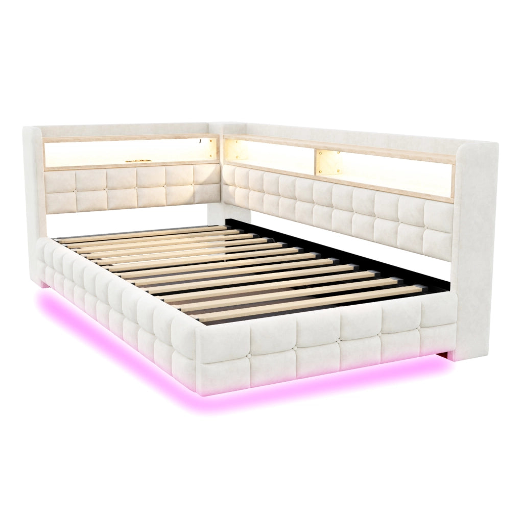Letto imbottito multifunzione 90x200 cm con contenitore, LED e prese