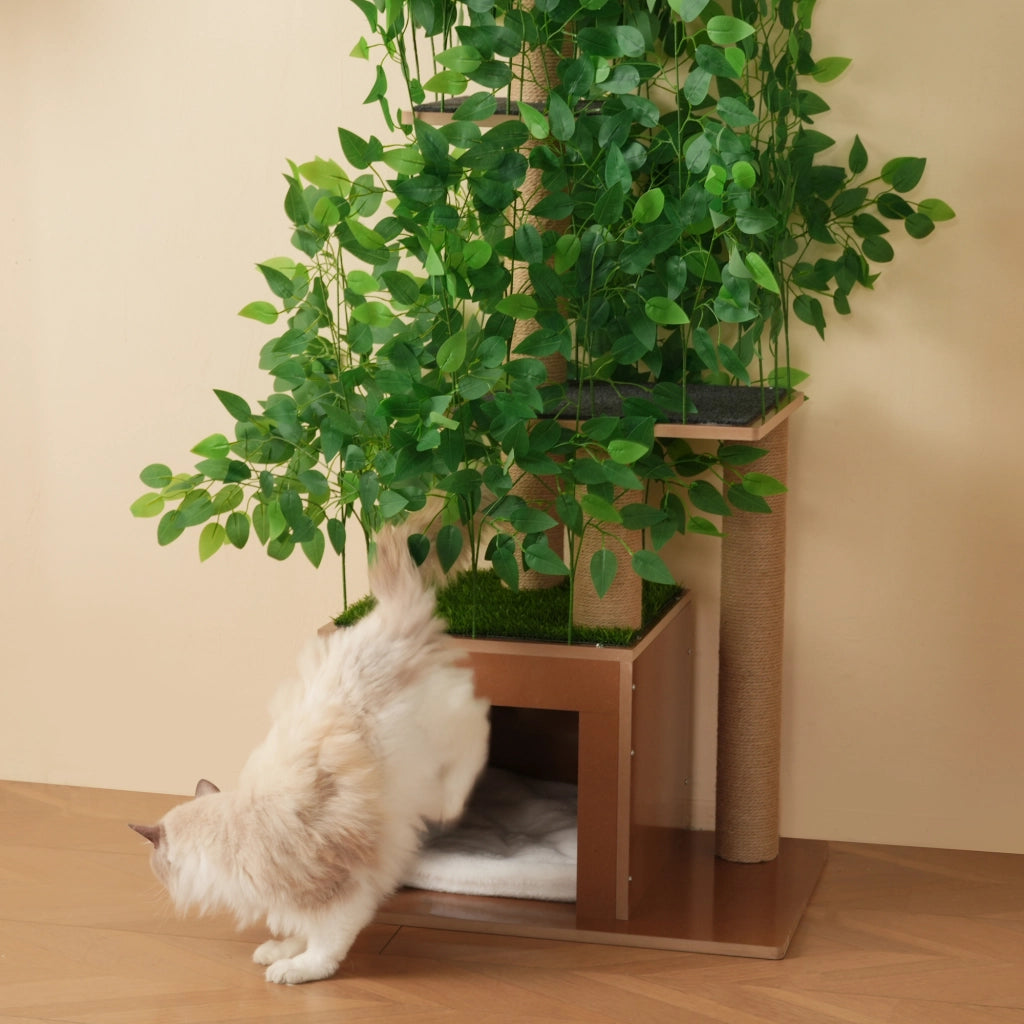 Tiragraffi Albero 190 Cm a Forma di Albero con 4 Piattaforme; Foglie Rimovibili; Antiribaltamento in MDF Verde