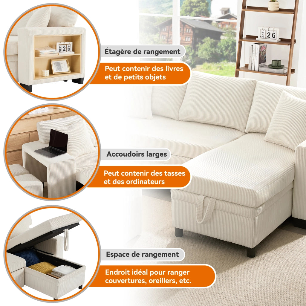 Divano Angolare Convertibile 3 Posti con Vano Contenitore, USB e Type-C, Cuscini, in Velluto a Coste Beige 231 × 131.5 × 84 cm