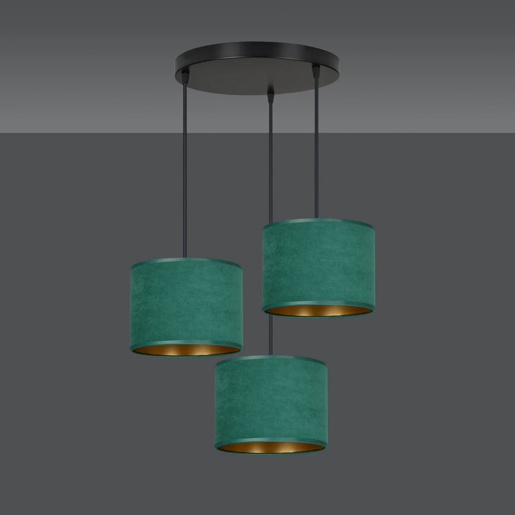 Lampadario Tondo 3 Luci Ganesha In Acciaio Nero E Paralumi In Tessuto Verde
