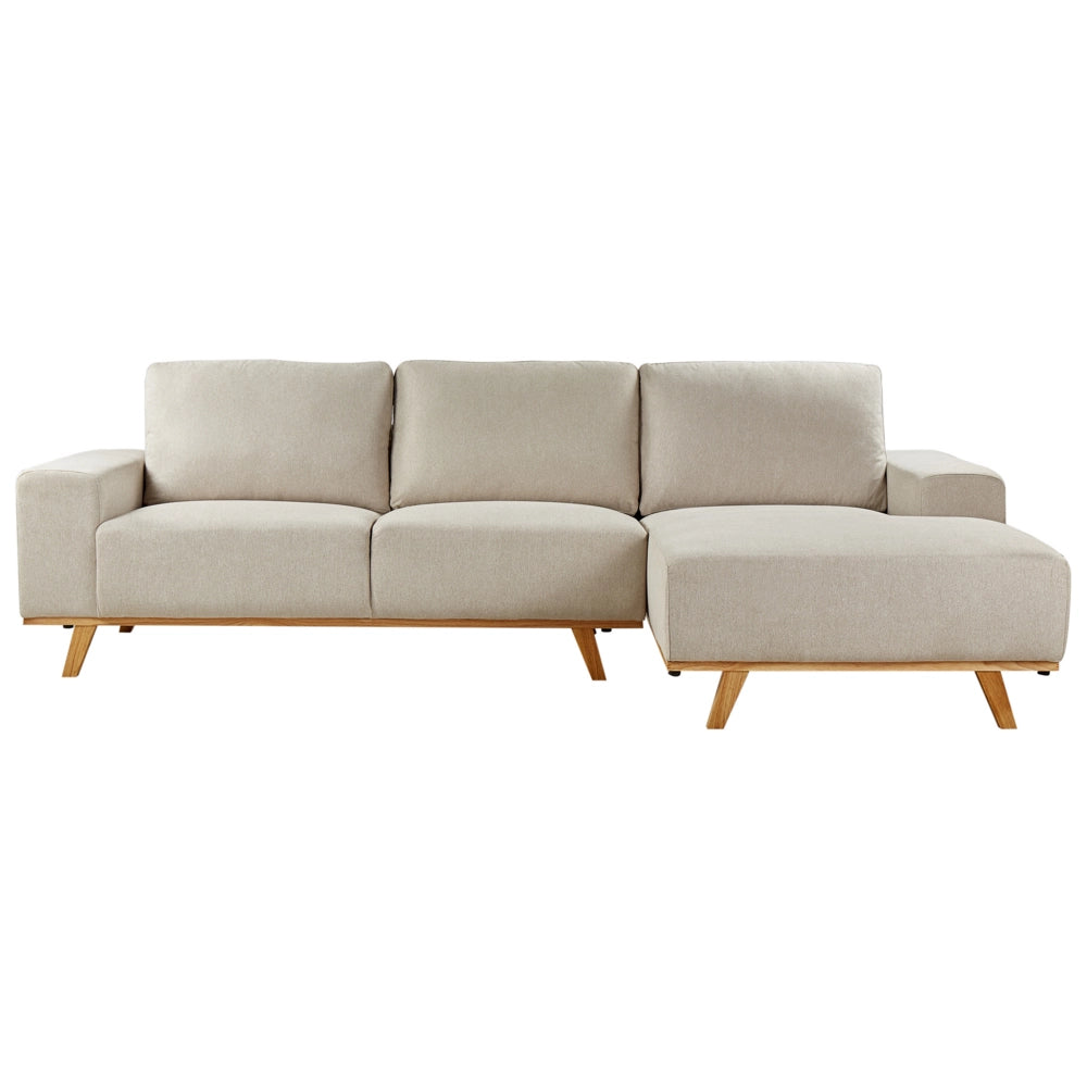 Divano angolare Beige Rivestimento in tessuto di poliestere Gambe in legno chiaro Schienale con cuscino Design moderno