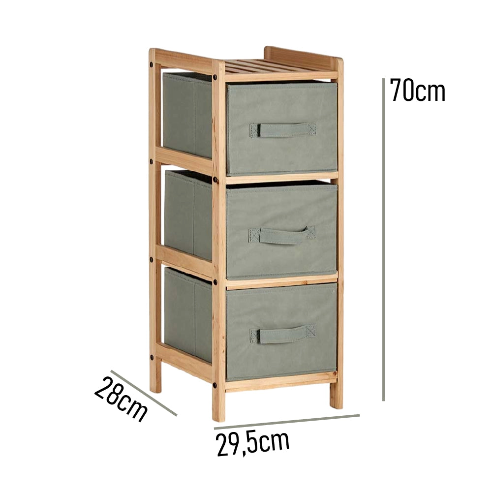 Mobile Cassettiera 3 Cassetti in Legno Naturale e Stoffa Colore Grigio H 70cm