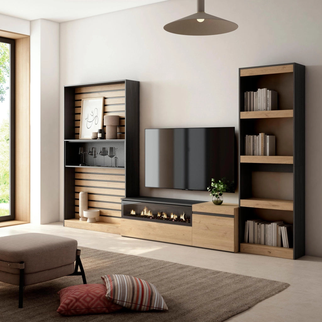 Mobile TV, Soggiorno, 320x35x186cm, Camino elettrico, colore Rovere e nero RF2593