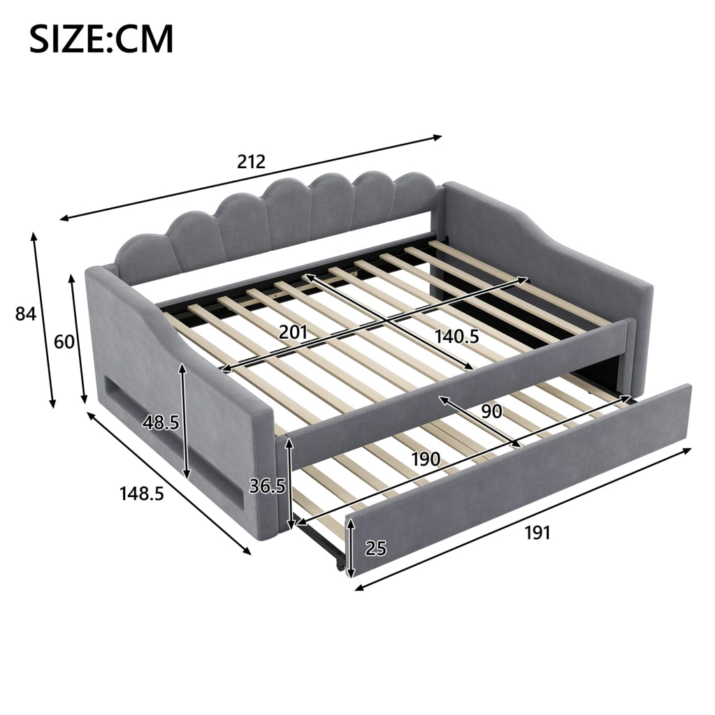 Letto imbottito 140x200 cm con LED e letto estraibile in MDF e compensato grigio