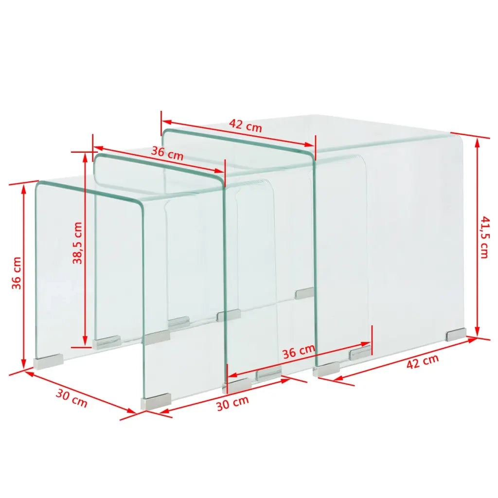 Set da 3 pz Tavolo ad Incastro a in Vetro Temprato Trasparente