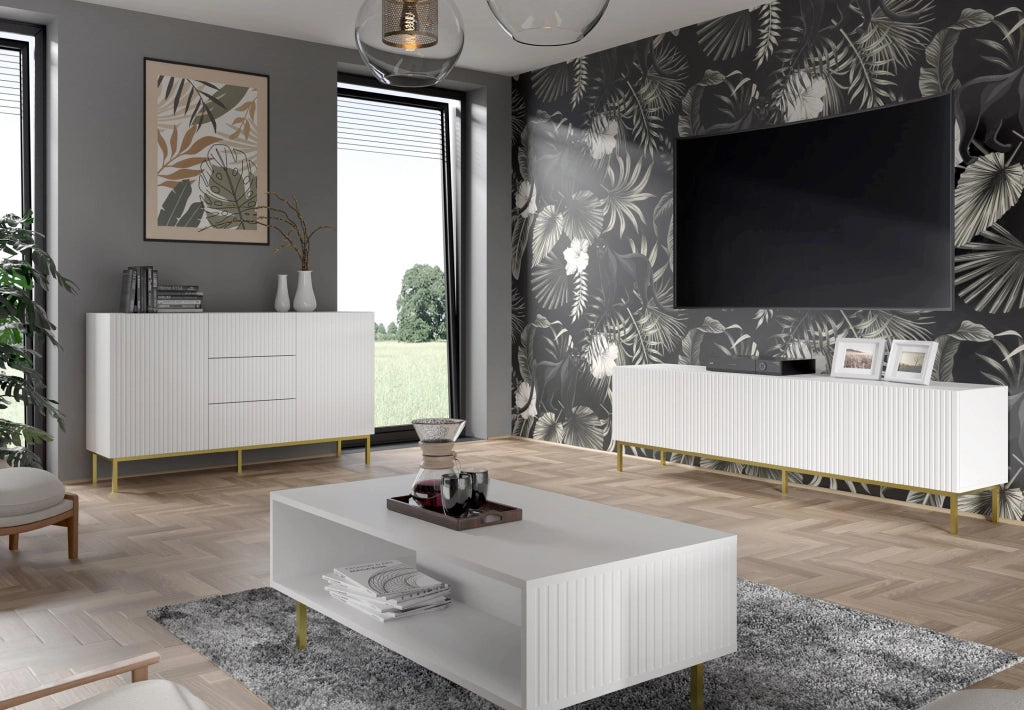 TAVOLINO DA CAFFÈ RAVENNA B IN MDF FOGLIATO 90x60x45 BIANCO OPACO GAMBE ORO