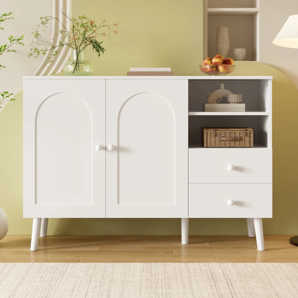 Credenza con 2 ante, 2 cassetti e 2 vani aperti, per soggiorno sala da pranzo e ingresso, bianco, 118 × 35 × 82 cm