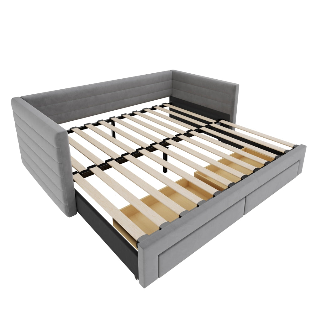 Letto salvaspazio estraibile imbottito 90×190 cm e 180×190 cm con 2 cassetti; senza materasso; grigio