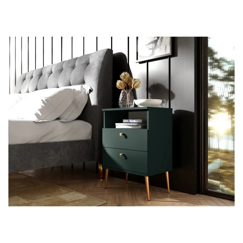 Tavolino da Notte 2 Cassetti con Vanetto - verde e piedi in metallo dorato - Collezione Aurora