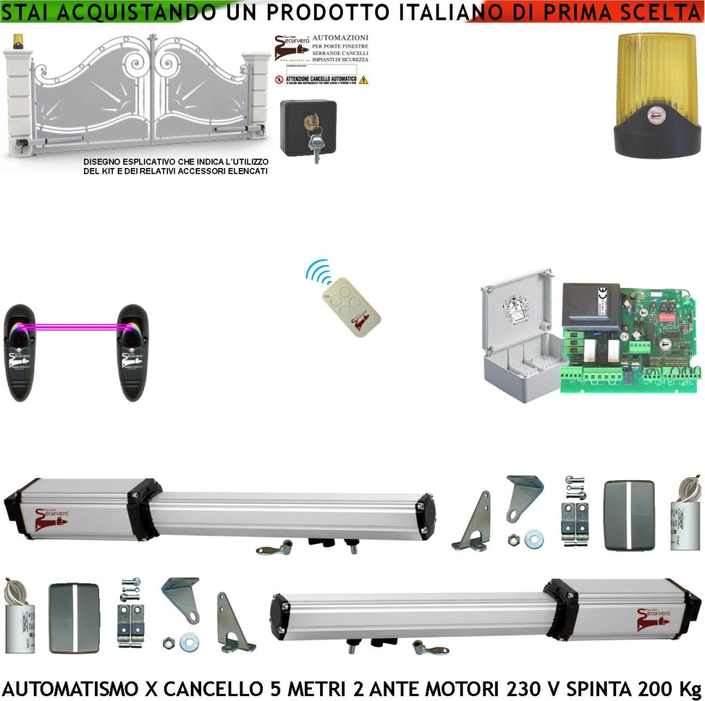 Cancello Automatico 5 Metri 2 Ante da 2,5 MT Kit Motori Elettromeccanici 230 V Corsa 400 mm Spinta 2 Q.tali Sblocco Staffe Radiocomando Fotocellule Selettore 2 Chiavi Faro Movimenti Cartello Monitore