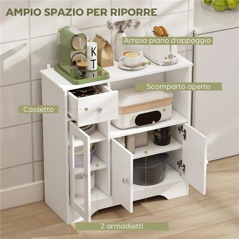 CREDENZA BUFFET CON VANO APERTO, CASSETTO, 3 RIPIANI E ARMADIETTO A 2 ANTE, IN LEGNO, 80X30X82 CM, BIANCO