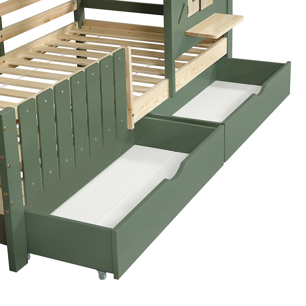 Letto casa-Xylo-90x200 cm-tetto, finestra, 2 cassetti, verde+naturale