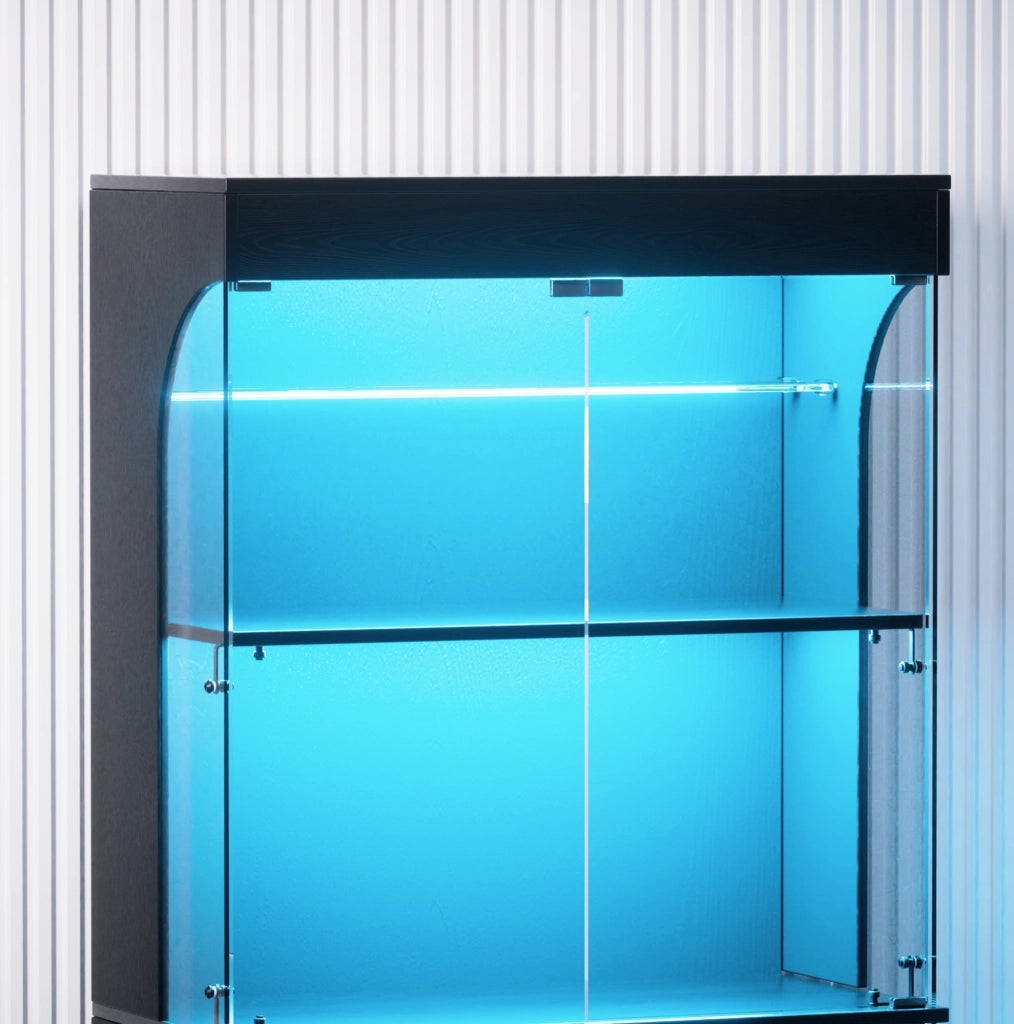 Vetrina in vetro con LED; ricarica USB e Type-C; sensore di movimento; 80x35x165 cm; nera