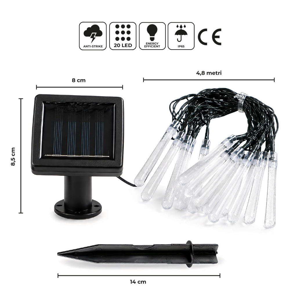 Ghirlanda Luminosa Solare LED 4,8 m con 20 Tubi Effetto Goccia, Luce Calda, IP65 Impermeabile, Pannello Solare con Picchetto, Luci Decorative da Esterno per Giardino Terrazzo Balcone