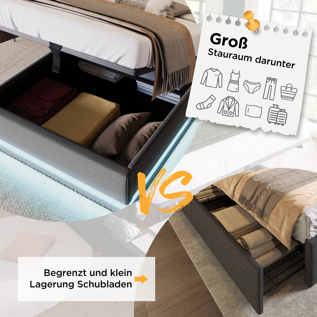 LETTO Contenitore Idraulico 90x200 cm Cotone Grigio con USB e LED