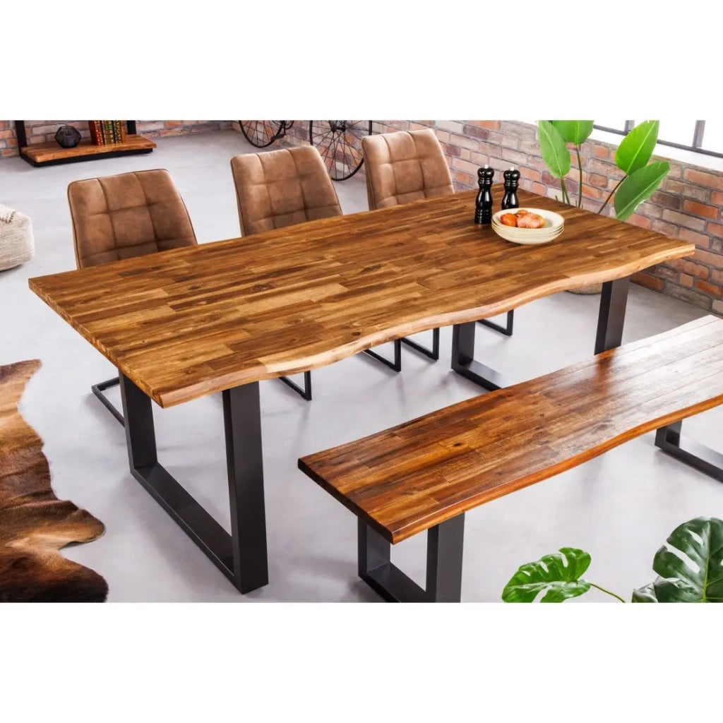 Tavolo da pranzo NALKO 160 cm – Piano in legno di acacia oliato e struttura in metallo nero – Stile industriale e naturale