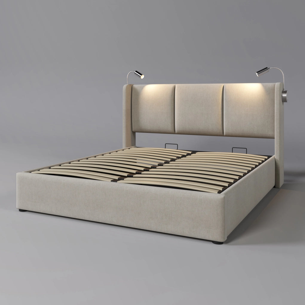 Letto matrimoniale imbottito 140x200 cm con contenitore; luce da lettura e USB; beige in lino