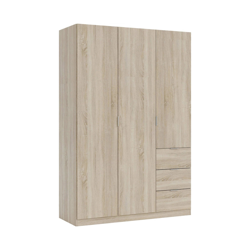 Guardaroba Ade, Armadio per camera da letto a 3 ante e 3 cassetti, Mobile con 3 ripiani e barra appendiabiti, cm 135x52h200, Rovere