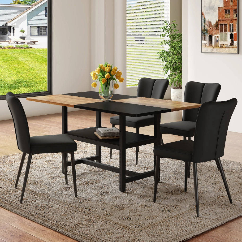 Set tavolo da pranzo e sedie con 1 tavolo e 4 sedie; portaoggetti; in MDF; metallo e similpelle marrone e nero