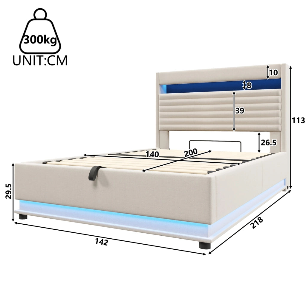 Letto imbottito 140x200 cm con LED, USB/Type-C e contenitore