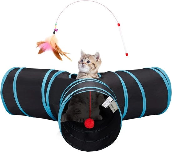 Tunnel per gatti 3 vie in pieghevole, giochi per gatti indoor, giocattolo per gatti, gatto si annoia, pallone per gatti, gatti, gatto, gattino, coniglio, blu