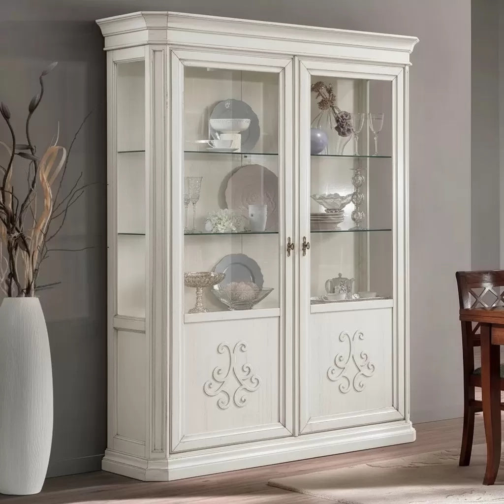 Vetrina classica 2 porte intarsio legno bianco anticato rilievi 162x54x217 - Mobili 2G