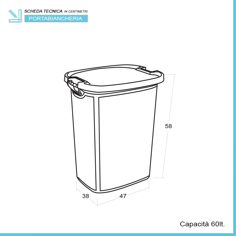 Cesto portabiancheria in plastica grigia con manici in legno capienza 60 lt