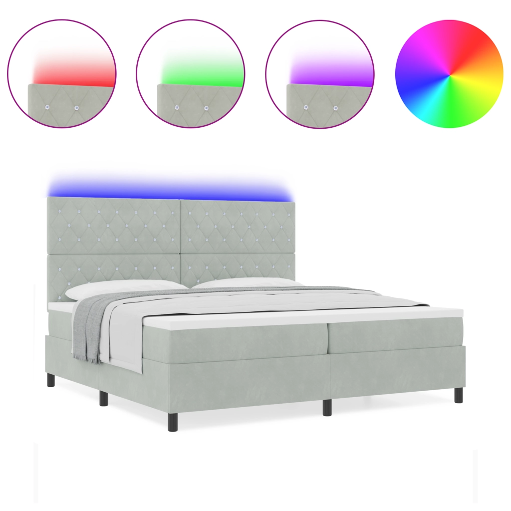 Letto Box Spring con Materasso e Luce LED Grigio Chiaro 200x200 cm Velluto