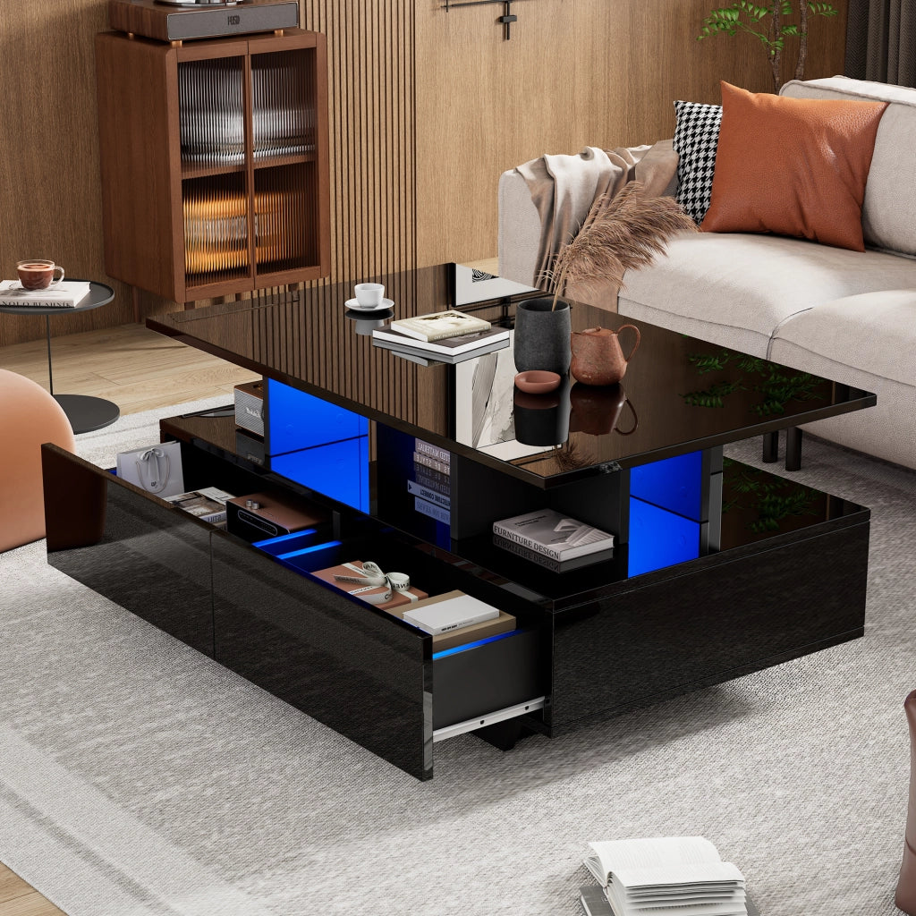 TAVOLINO DA SALOTTO 90x55x41 cm Nero in pannello di legno con LED e 2 cassetti