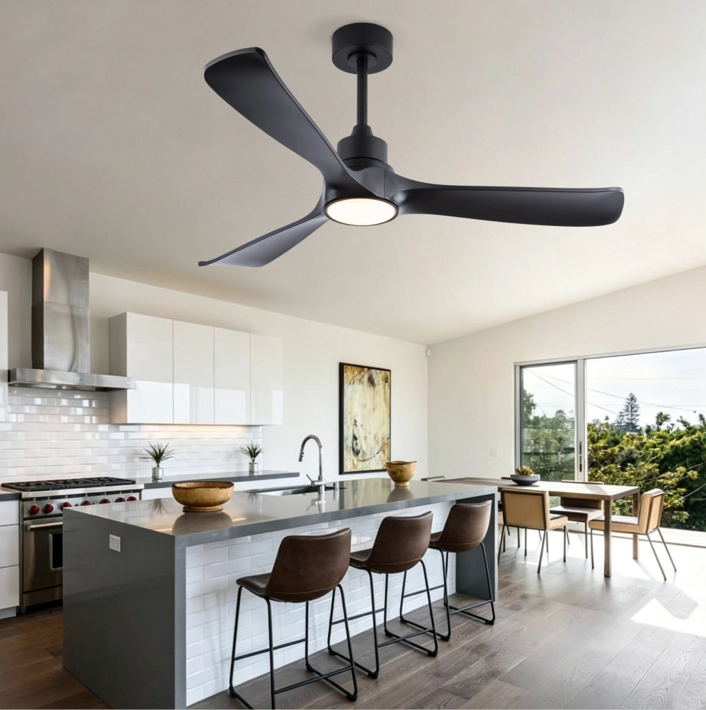 Ventilatore da soffitto nero 52 pollici con luce; 6 velocità; motore DC reversibile; ABS