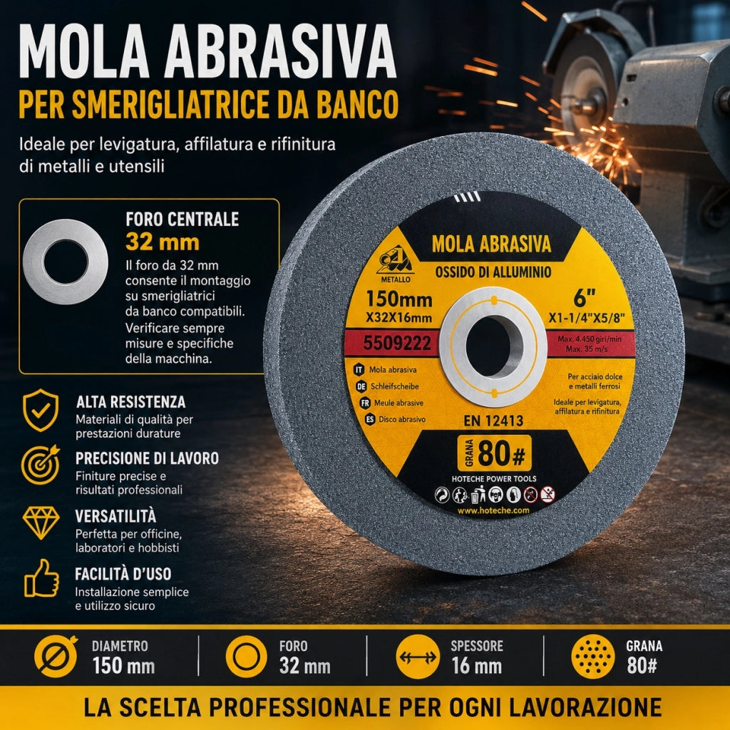 Disco Mola Pietra Abrasiva 150x32x16 mm Grana 80 Smerigliatrice 550922