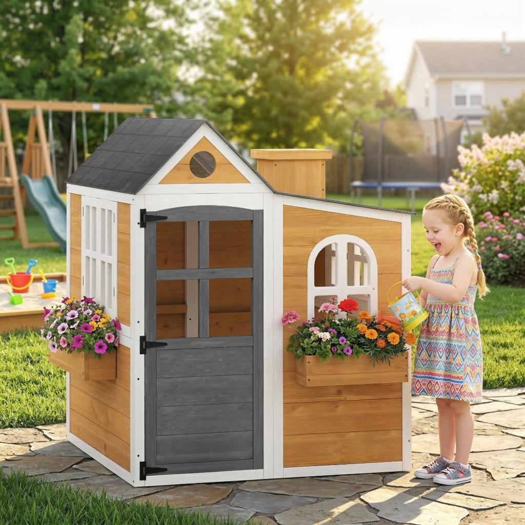 Casetta per bambini in legno per esterno ¨C zephmum ¨C con porta, finestre e 3 vasi, gialla
