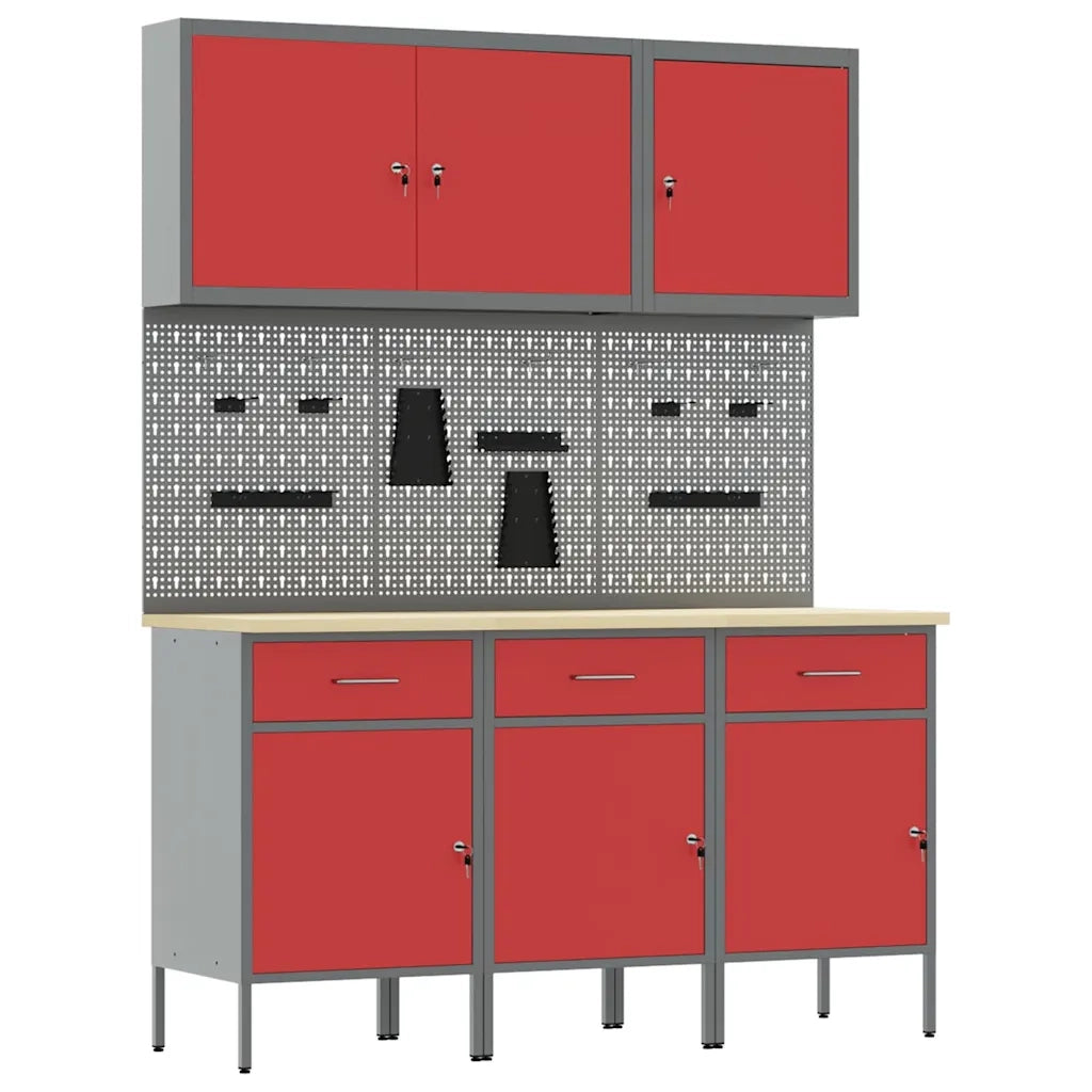 Mobile da lavoro 8 pcs Rosso Legno ingegnerizzato e acciaio 3321429