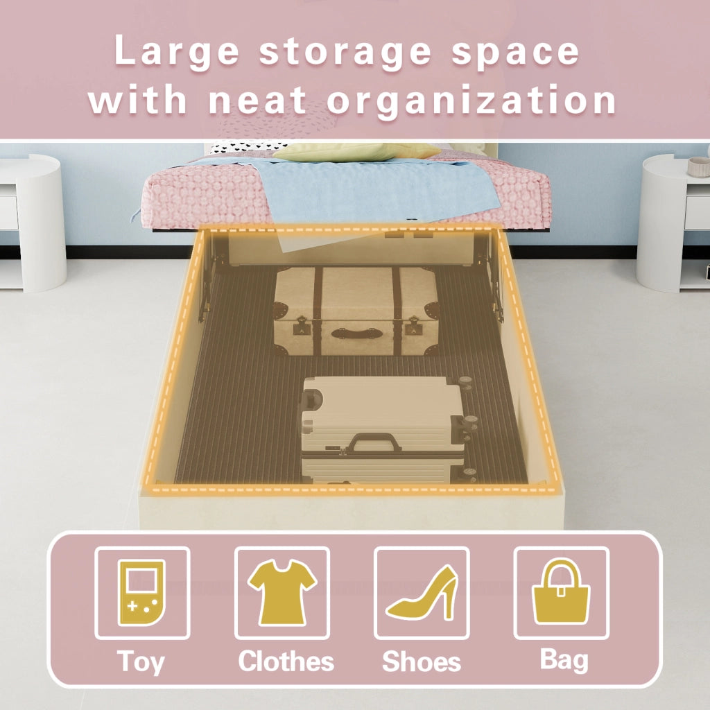 DESMIU Letto per bambini 90 × 200 cm 1 posto con vano contenitore, testiera, senza materasso, beige
