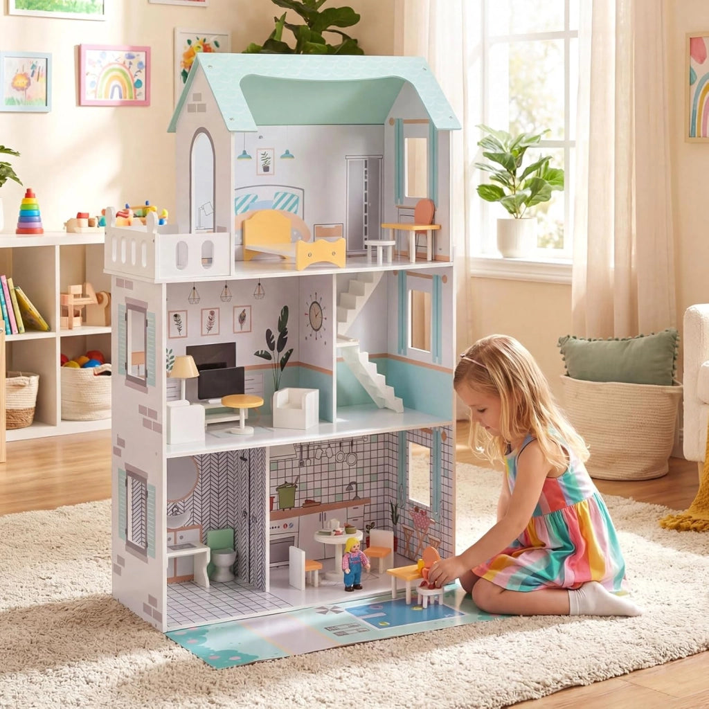 Casa delle Bambole a 3 Piani in Legno, Casa Barbie con Scale e 17 Pezzi di Mobili Completi, Villa da Principessa Fai-da-Te Giocattolo per Bambini 3+ Anni, 74,5 x 63 x 120,5 cm (Verde)