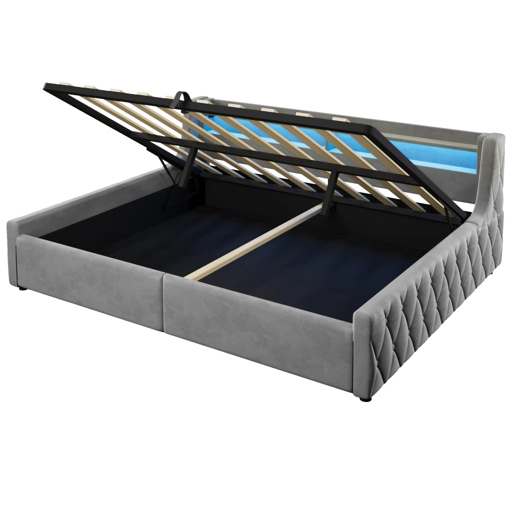 Letto imbottito 140x200 cm in velluto con LED e contenitore