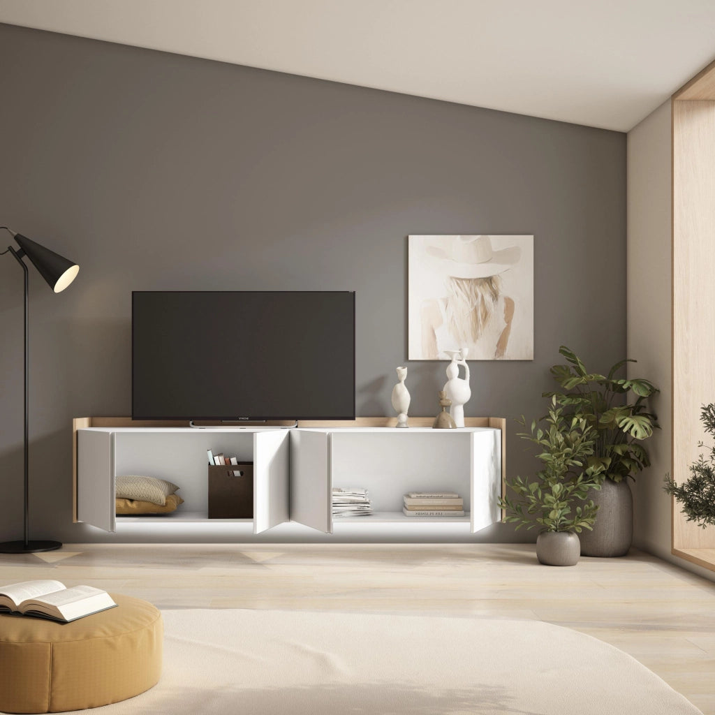 Mobile TV Soggiorno, 207x50x35 cm, Per TV fino a 80", Sospeso, da appendere, LED, Bianco e Rovere soft