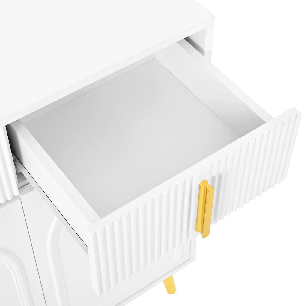 Credenza 140x38x82 cm; 4 cassetti e 4 ante; ripiani regolabili; MDF bianco con dettagli oro
