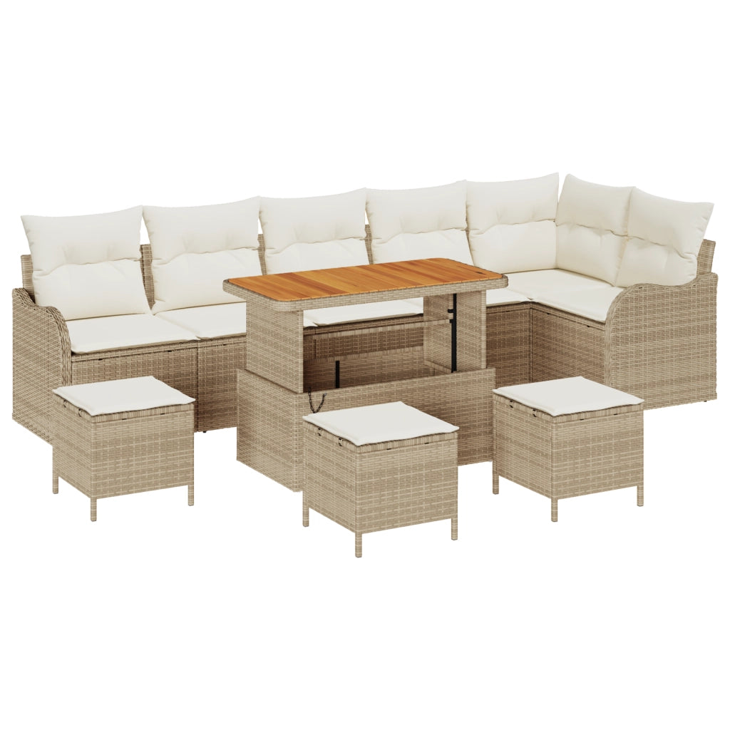 Set Divano da Giardino da 10 Pezzi con Cuscini Rattan Beige Acacia