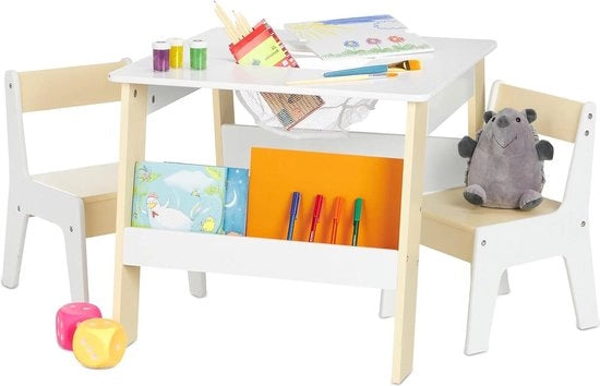 Tavolo da disegno per bambini con 2 sedie e ripiano di stoccaggio - Tavolo da disegno per bambini con 2 sedie - Bianco/beige.

 Specifiche tecniche:
 - Modello: 
 - Materiale: 
 - Dimensioni: 
 - Altezza: 
 - Larghezza: 
 - Profondità: 
 - Peso: