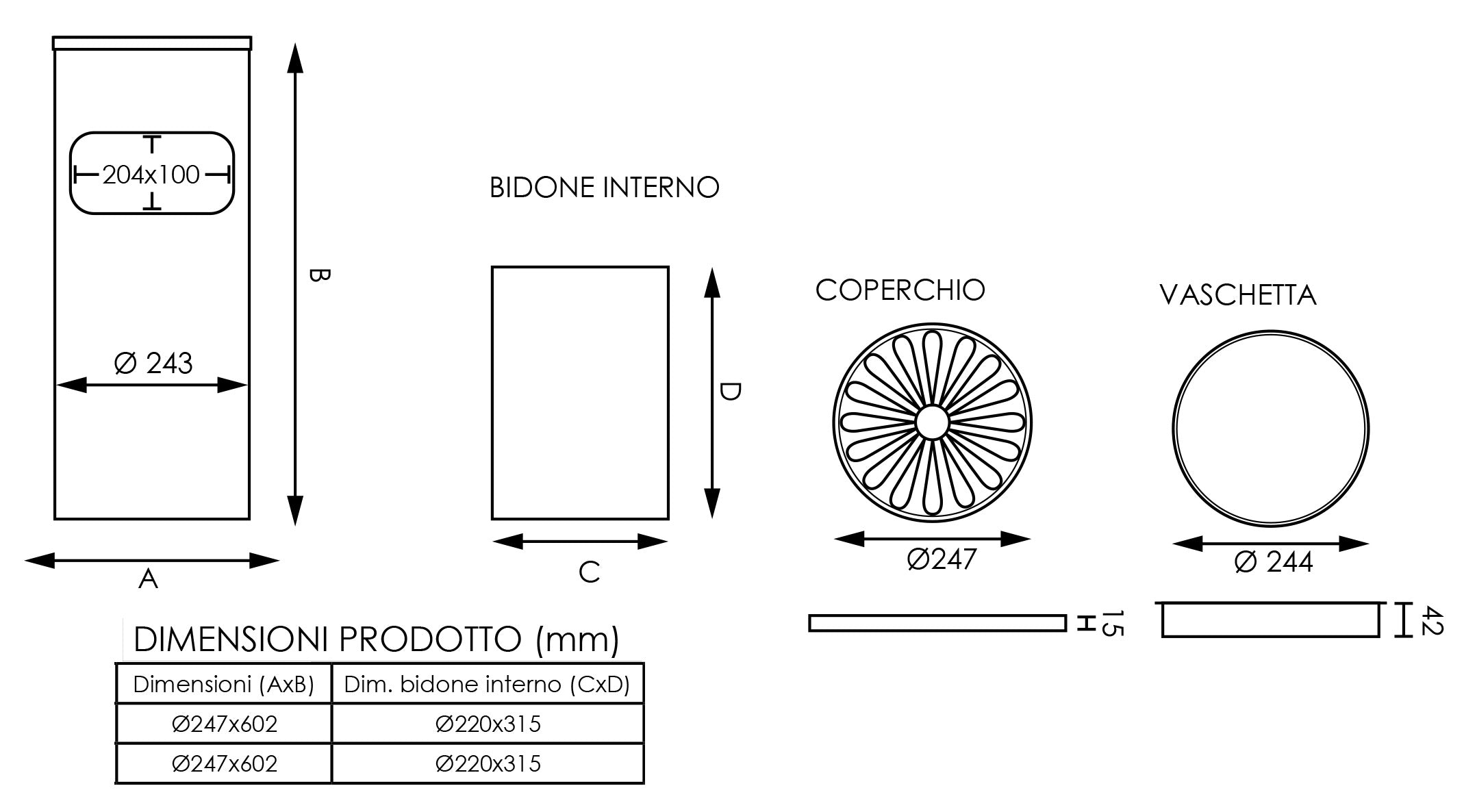 Cestino Gettacarte Posacenere Ø24,7 cm in Acciaio 10L per Interno Esterno
