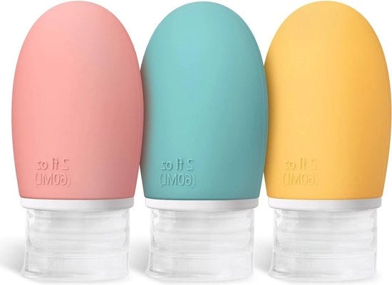 Set di flaconi di silicone per viaggio - 3 pezzi - 60 ml - inerte - riutilizzabile - portatile - spazzola per shampoo - spazzola per crema - BPA-free - conforme alle norme TSA