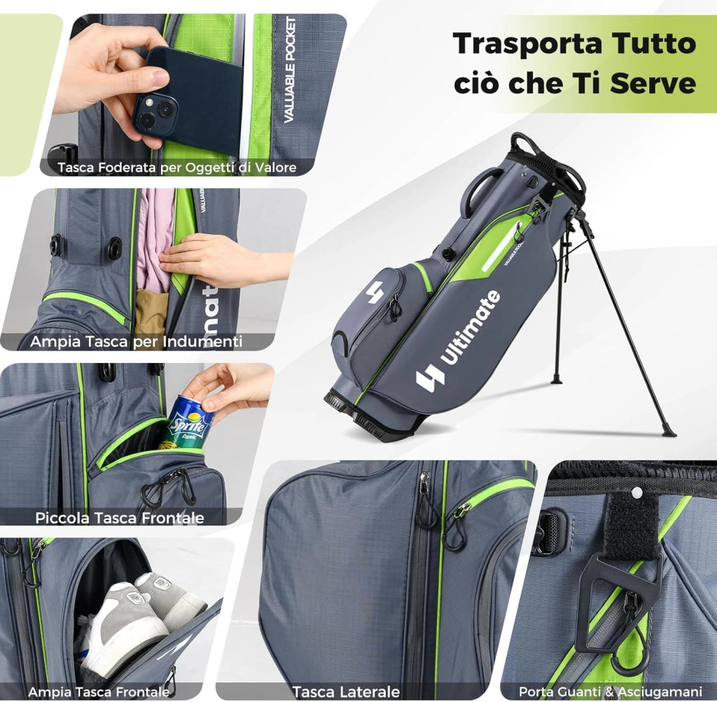 Borsa da Golf con Divisori Superiori a 8 Vie & 5 Tasche con Cerniera, Tracolla Regolabile a Doppia Spalla, Cappuccio Antipioggia e Portombrelli, Sacca da Golf per Donna e Uomo