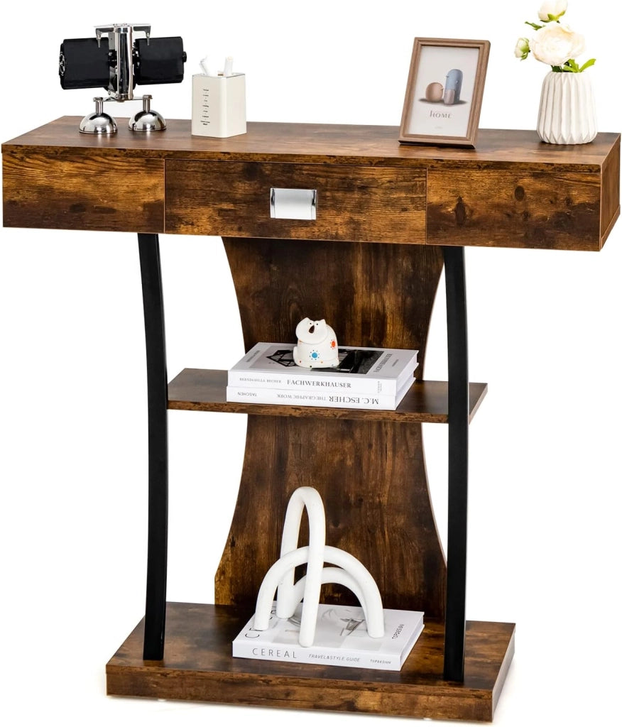 Consolle in Legno con Cassetti, Tavolo Ingresso con Ripiani e 2 Kit Anti-ribaltamento, Multiuso e Salvaspazio per Salotto, Camera da Letto e Corridoio, 91 x 30 x 88 cm (Grigio)