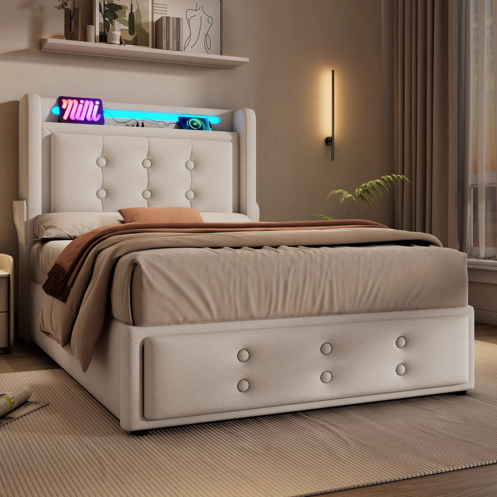 LETTO Contenitore 90x200 cm Beige in cotone-lino con materasso incluso, LED e USB