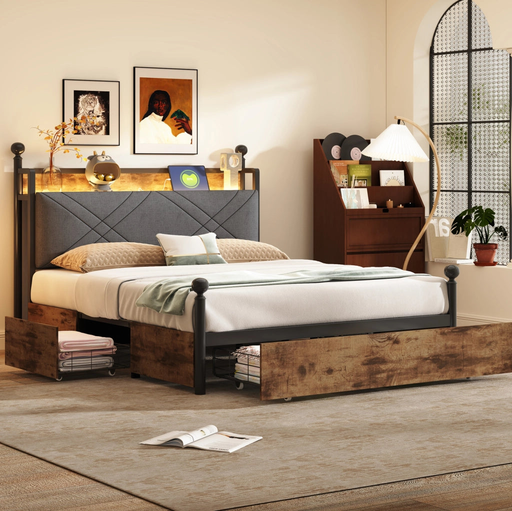 Letto a baldacchino 140x190 cm con LED; prese USB/Type-C e contenitore in metallo e legno nero