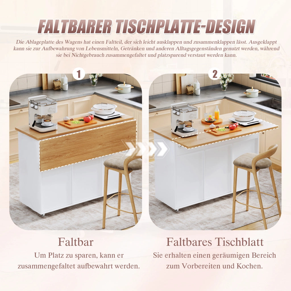 Carrello da Cucina con 1 Anta; 3 Cassetti; Ripiani Regolabili; Vassoio Pieghevole e Portaasciugamani; 120x46x90 cm