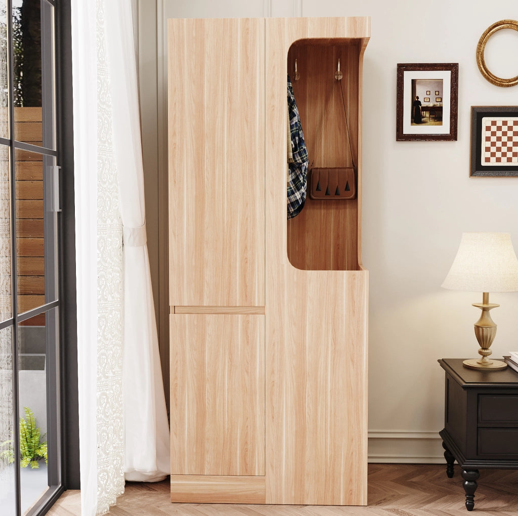 Armadio a 1 anta 70 x 40 x 170 cm con 4 cassetti e vano appendiabiti; colore legno naturale