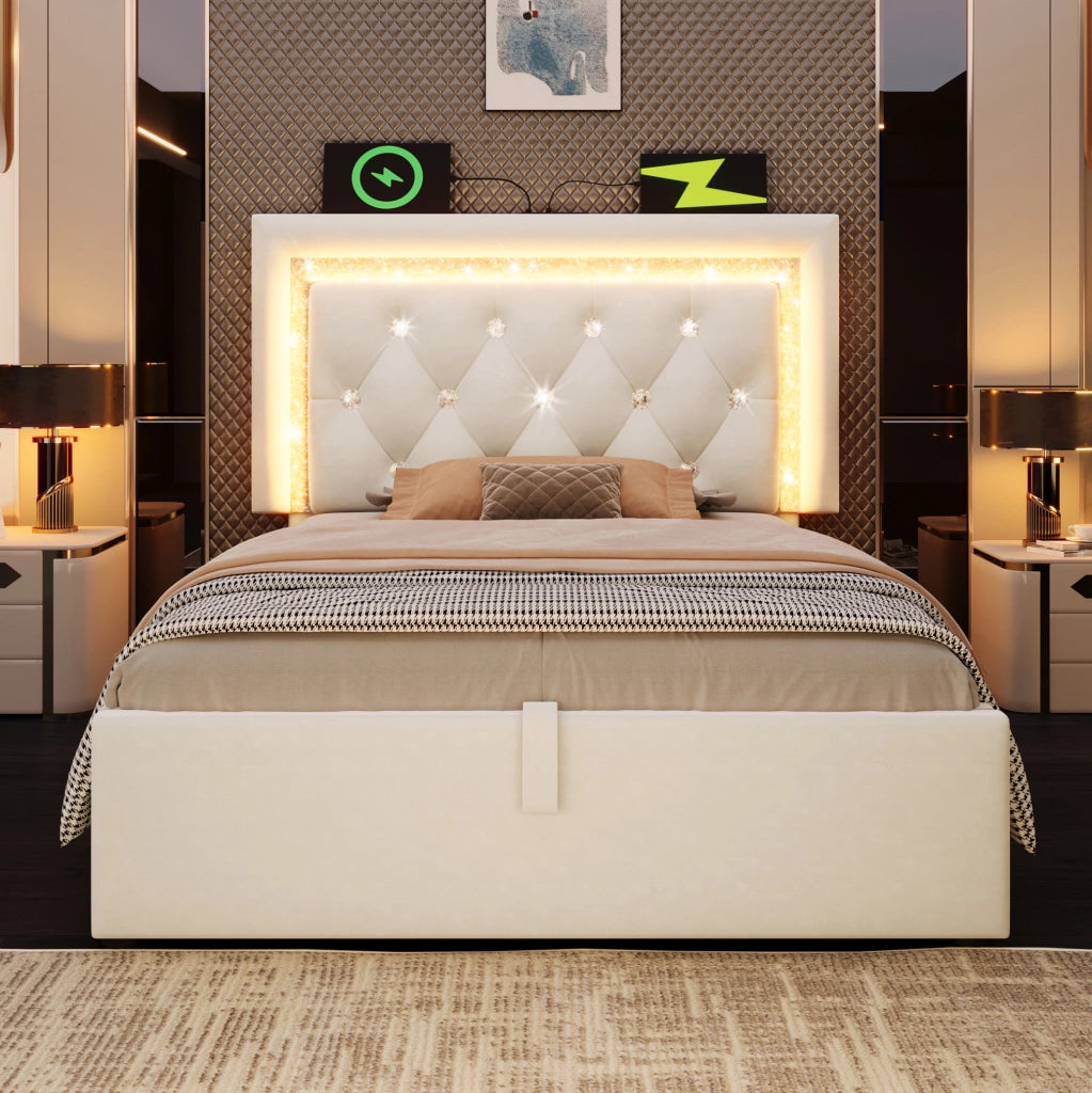 Letto singolo 90x200 cm in velluto beige con LED; USB e contenitore idraulico