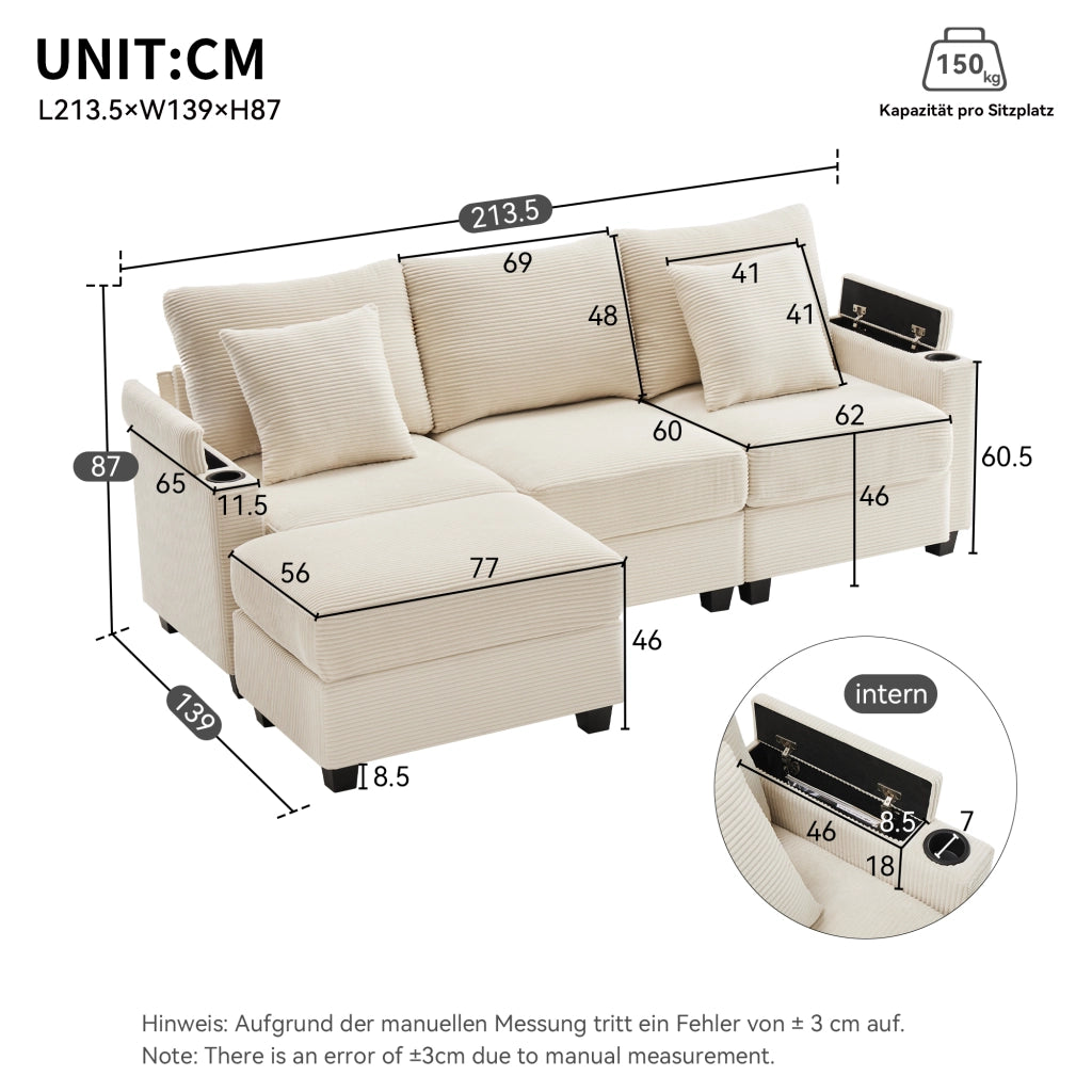 Divano angolare reversibile 3 posti con ricarica USB, ripiano bracciolo, 2 cuscini, velluto a coste Beige